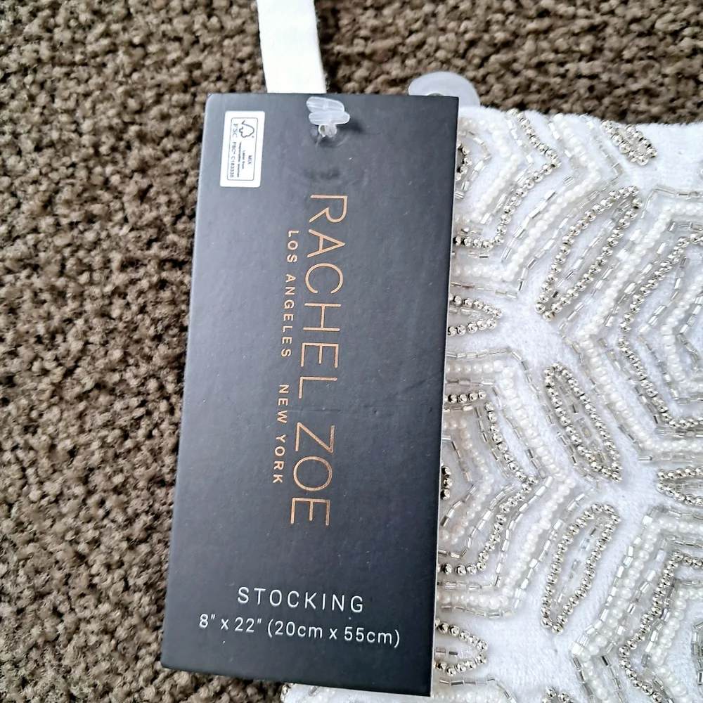 Rachel Zoe White Beaded Jeweled Christmas Holiday Stocking 22